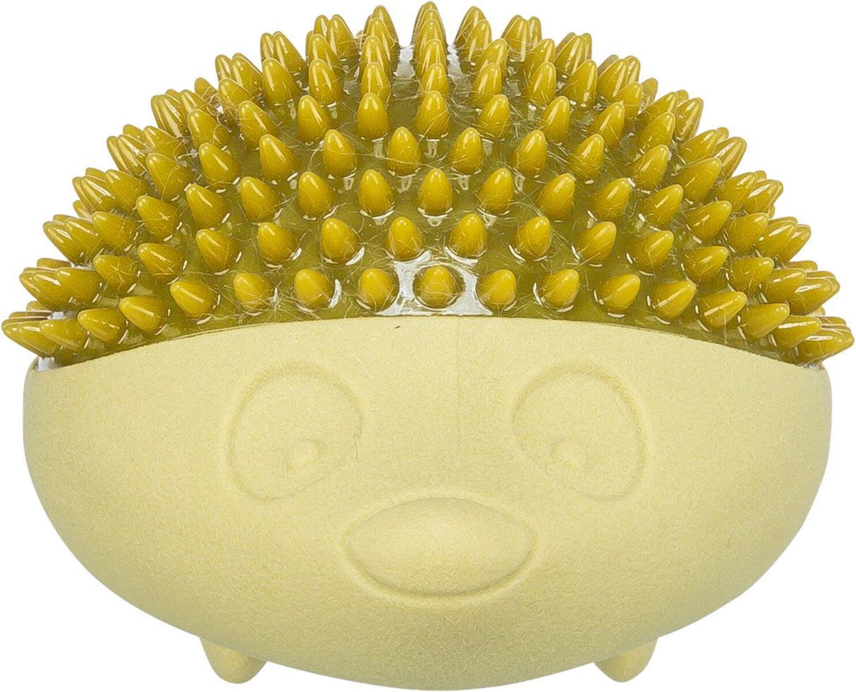 Gelber stacheliger Behälter in Form eines Igels mit eingraviertem Gesicht und gelber Unterseite.