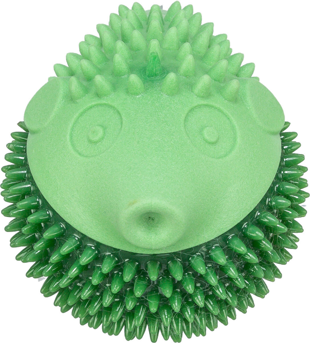 Grünes Spielzeug in Form eines Igels mit strukturierten Stacheln und runden Augen.