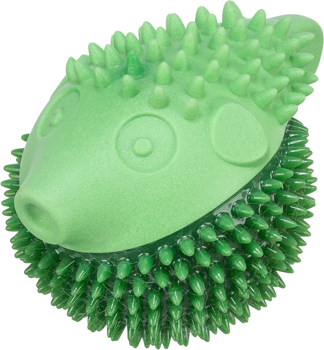 Grüner Igel-förmiger Gummiball mit kurzen weichen Stacheln rundum, geeignet als Hundespielzeug.