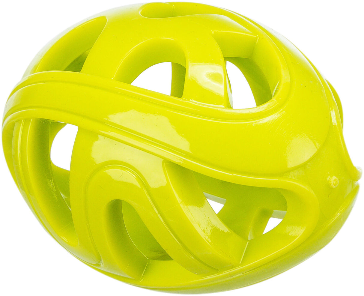 Gelber, hohler Kunststoffball mit geschwungenen Öffnungen und glänzender Oberfläche.