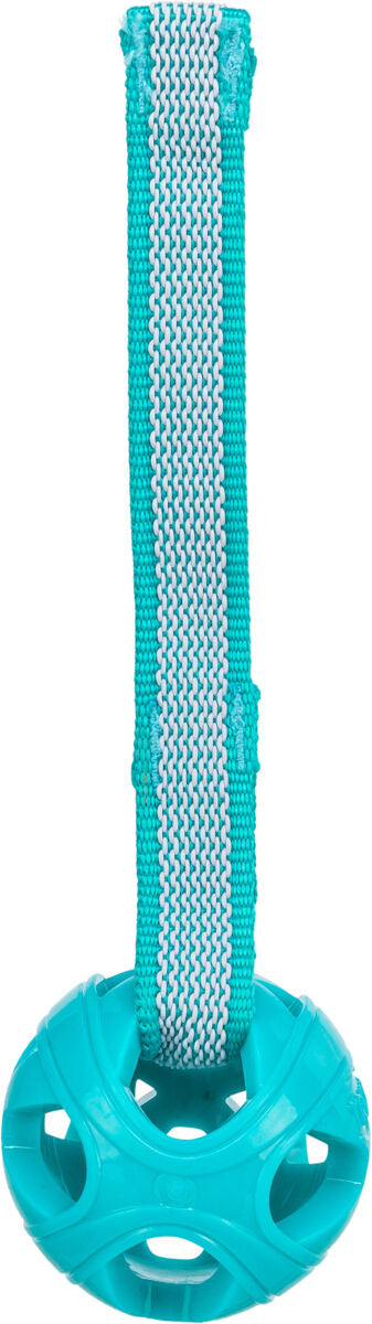 Ein türkisfarbenes Spielzeug mit einem geflochtenen Band und einem kugelförmigen Ende mit Öffnungen.