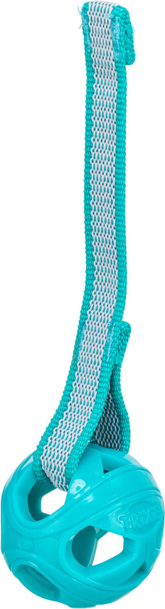 Türkises, kugelförmiges Spielzeug mit Griffschlaufe aus blauweißem Textilgeflecht sichtbar.