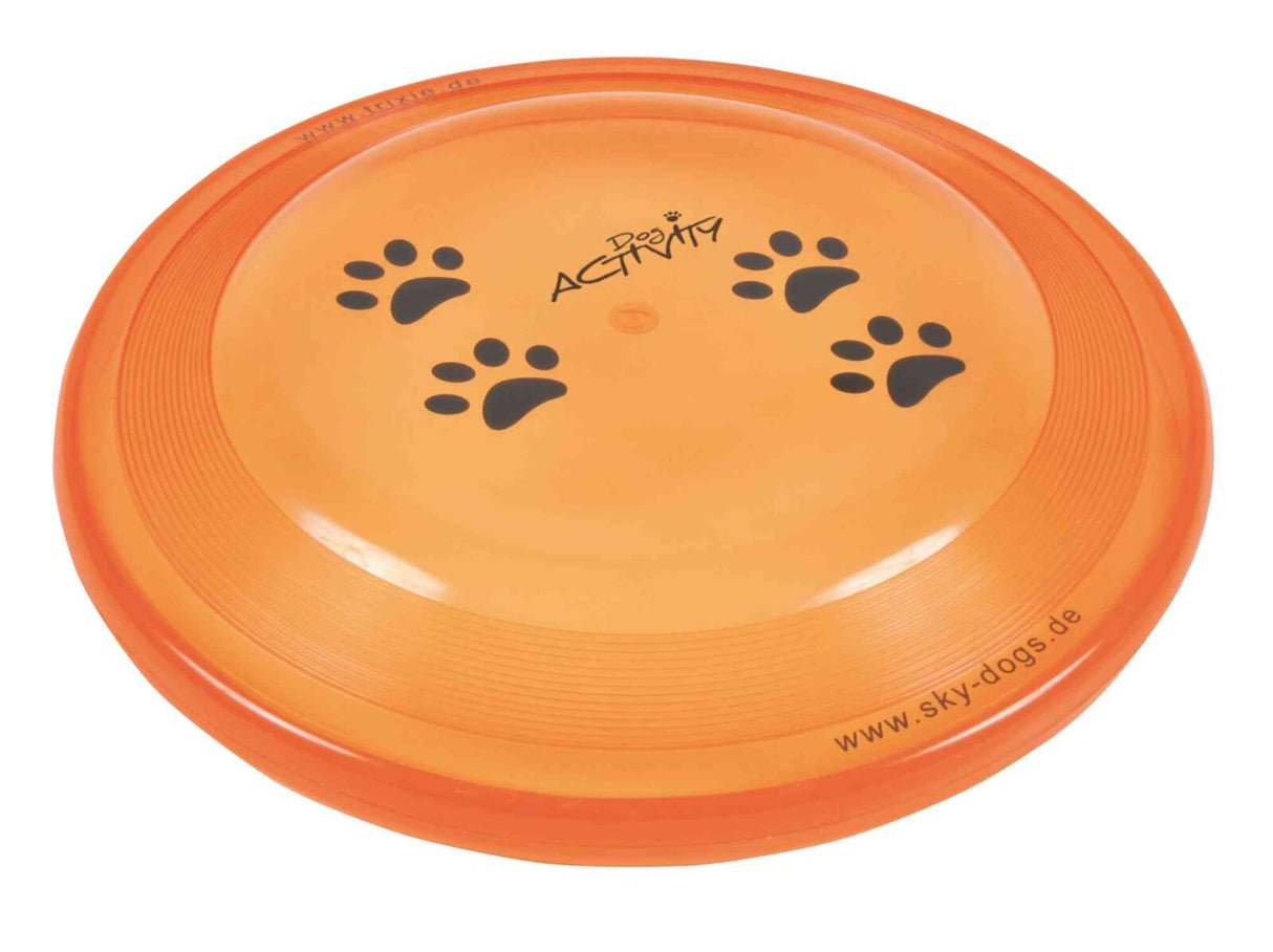 Orangefarbener Frisbee mit vier schwarzen Pfotenabdrücken und der Aufschrift „Dog Activity“.