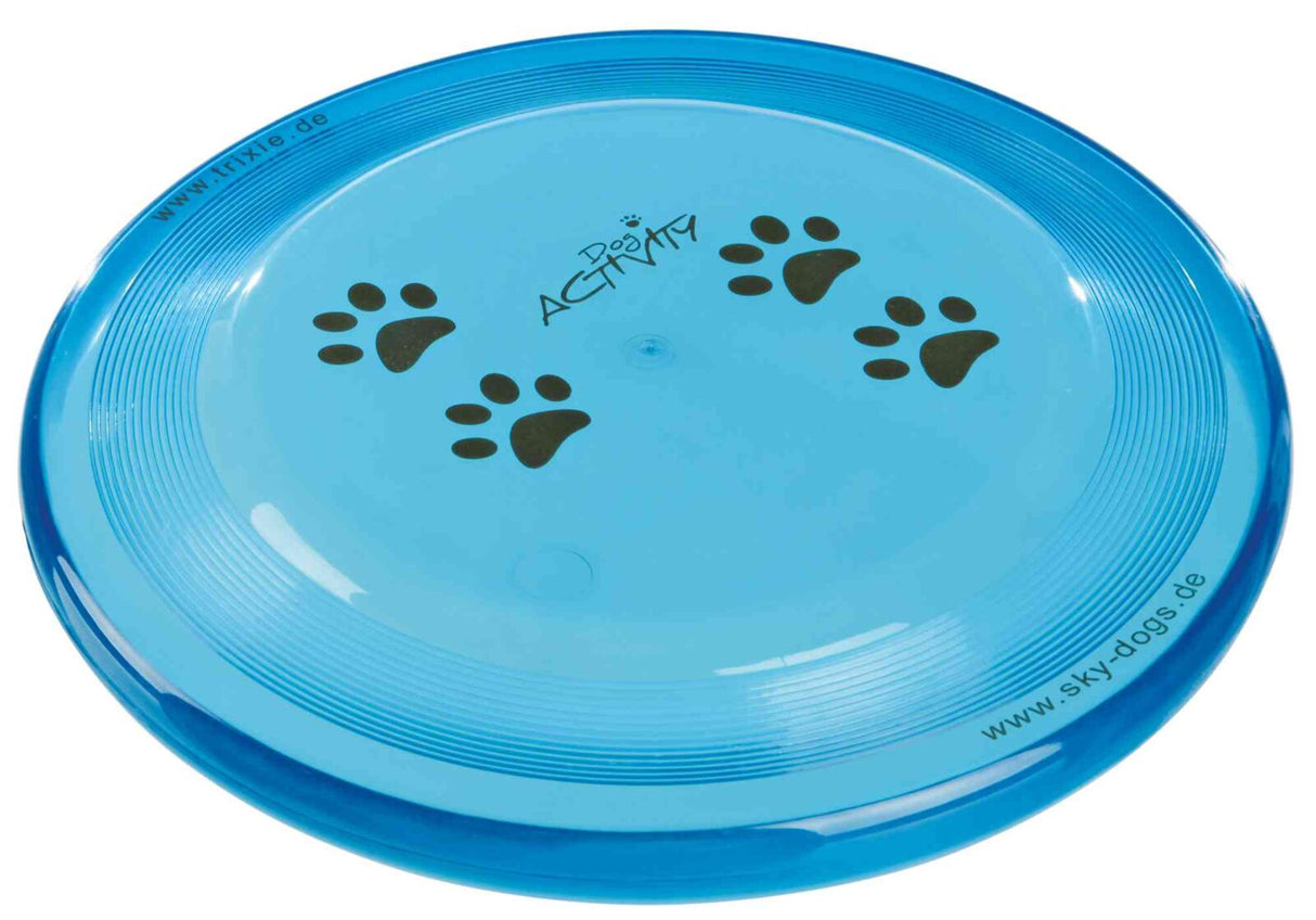 Blauer Frisbee mit schwarzen Pfotenabdrücken und dem Text "Dog Activity" auf der Oberseite.