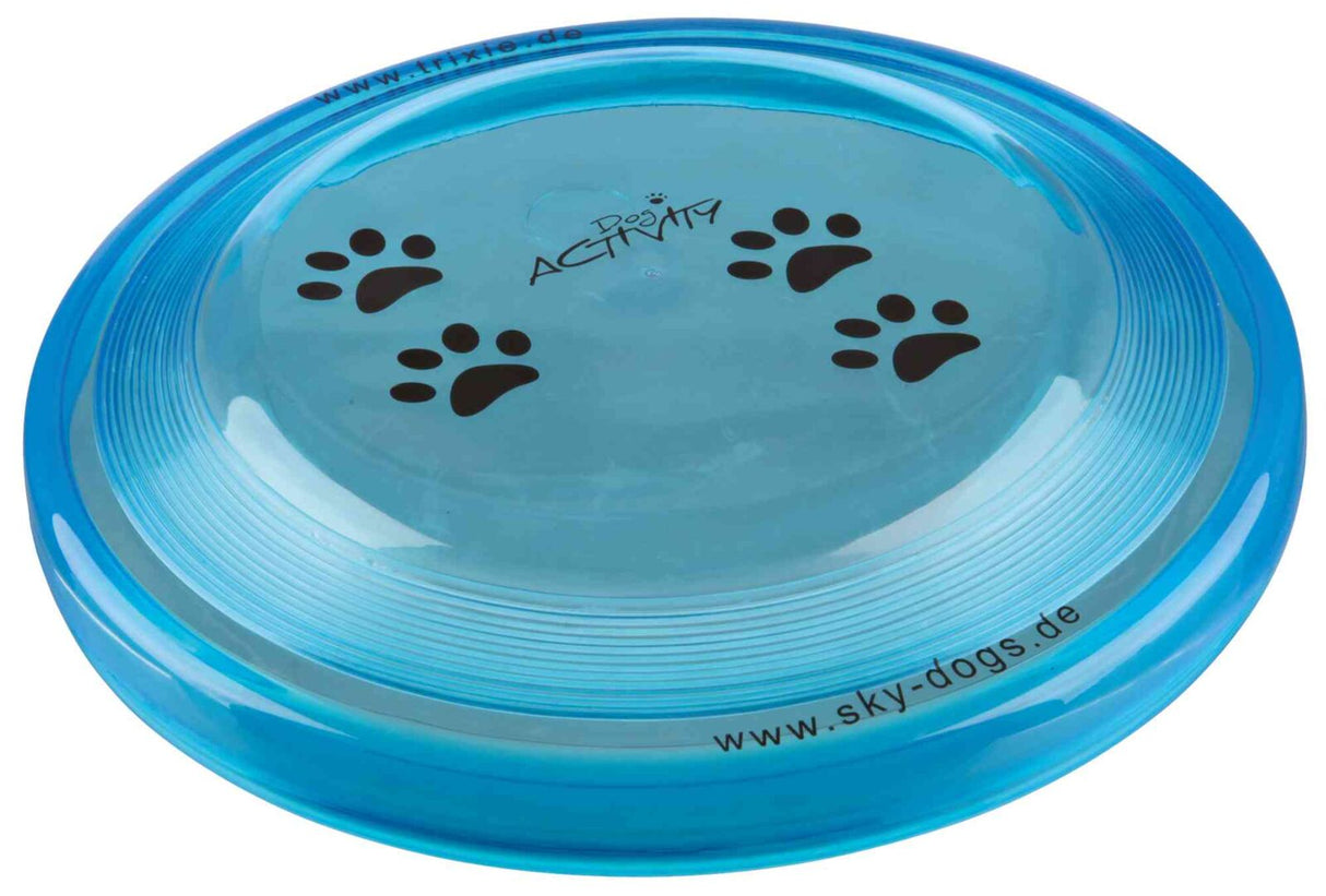 Blauer Hundefrisbee mit schwarzen Pfotenabdrücken und Text "Dog Activity," Websites "www.trixie.de" und "www.sky-dogs.de".