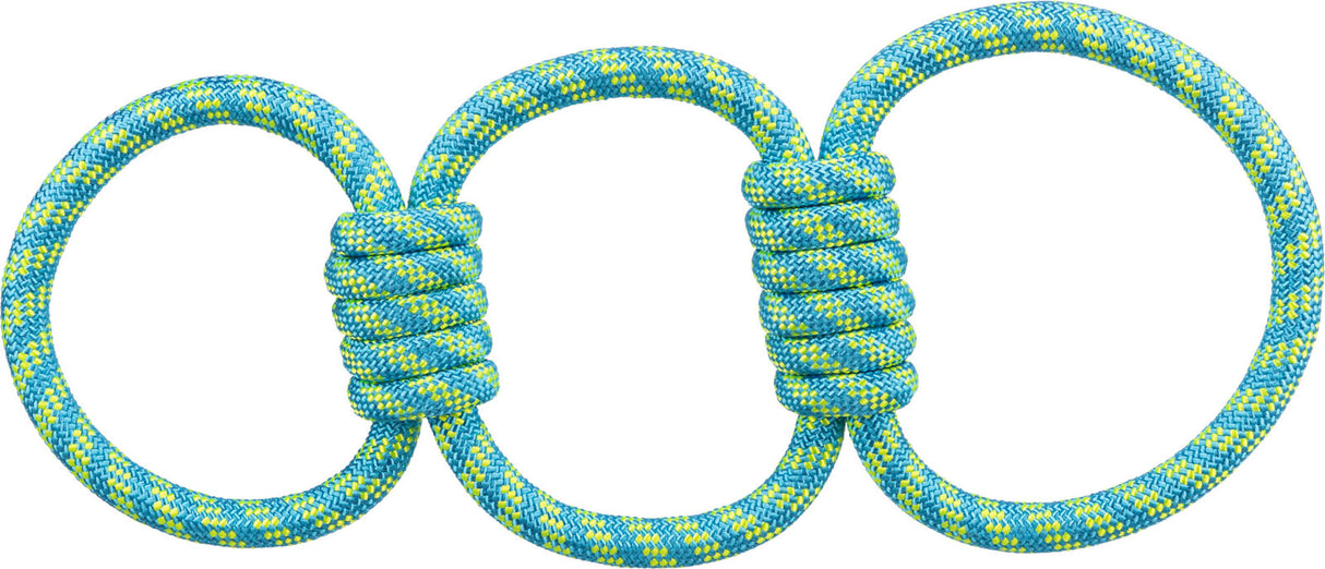Drei miteinander verbundene Ringe aus blau-gelbem Seil mit Wicklungen an den Verbindungsstellen.
