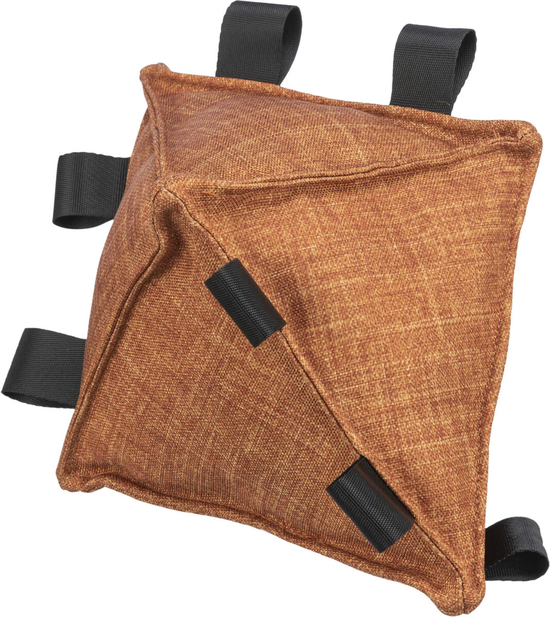 Braune, quadratische Tasche mit schwarzen Schlaufen an den Ecken und breiten schwarzen Klettverschlüssen.