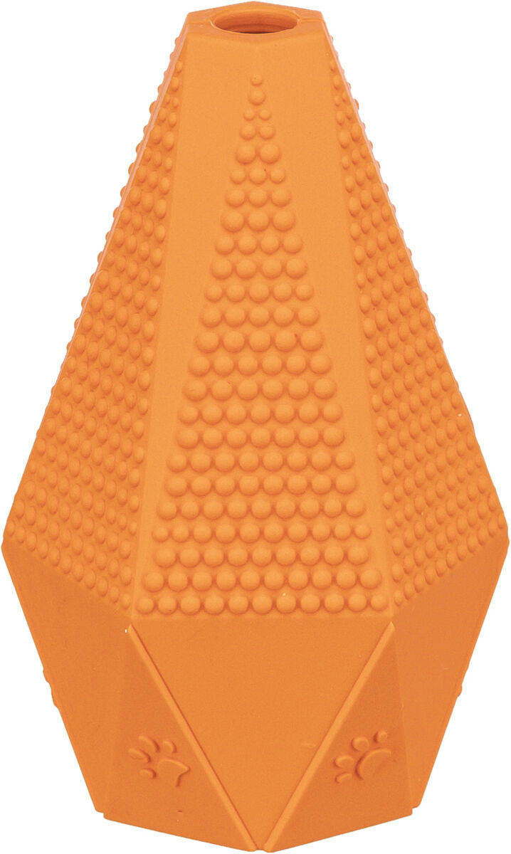 Orange Spielzeug aus Kunststoff mit prismatischer Form und noppiger Oberfläche, seitlich Pfotenmotiv.