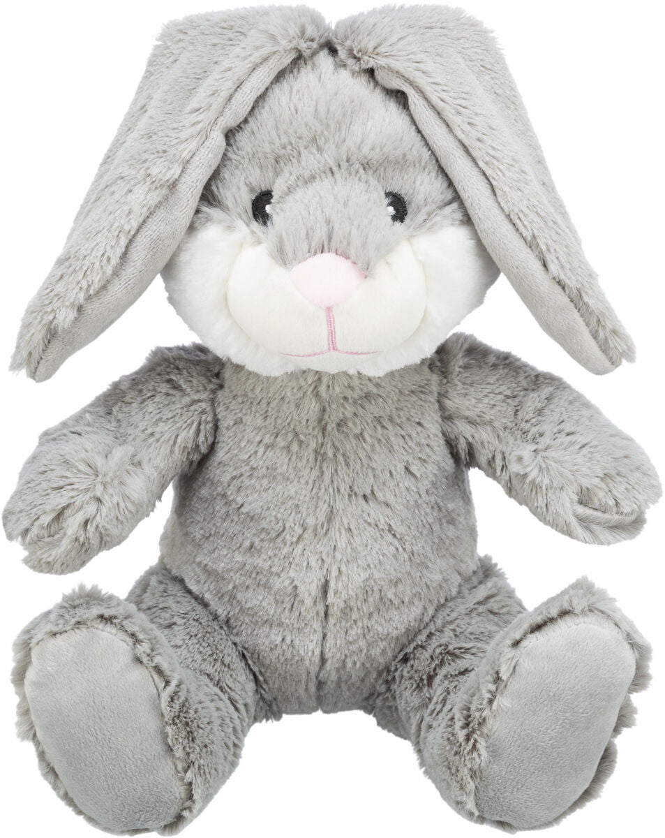 Graues Plüschkaninchen mit langen Ohren, weißem Gesicht, rosa Nase und schwarzen Augen, sitzend dargestellt.