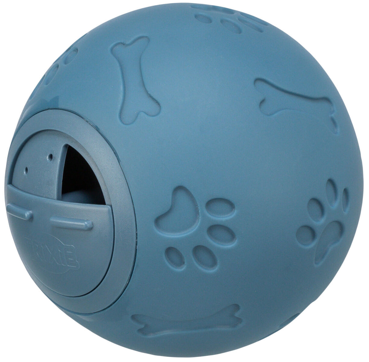 Blauer Ball mit eingravierten Knochen- und Pfotenmustern, seitliches rundes Fach mit Schiebedeckel.