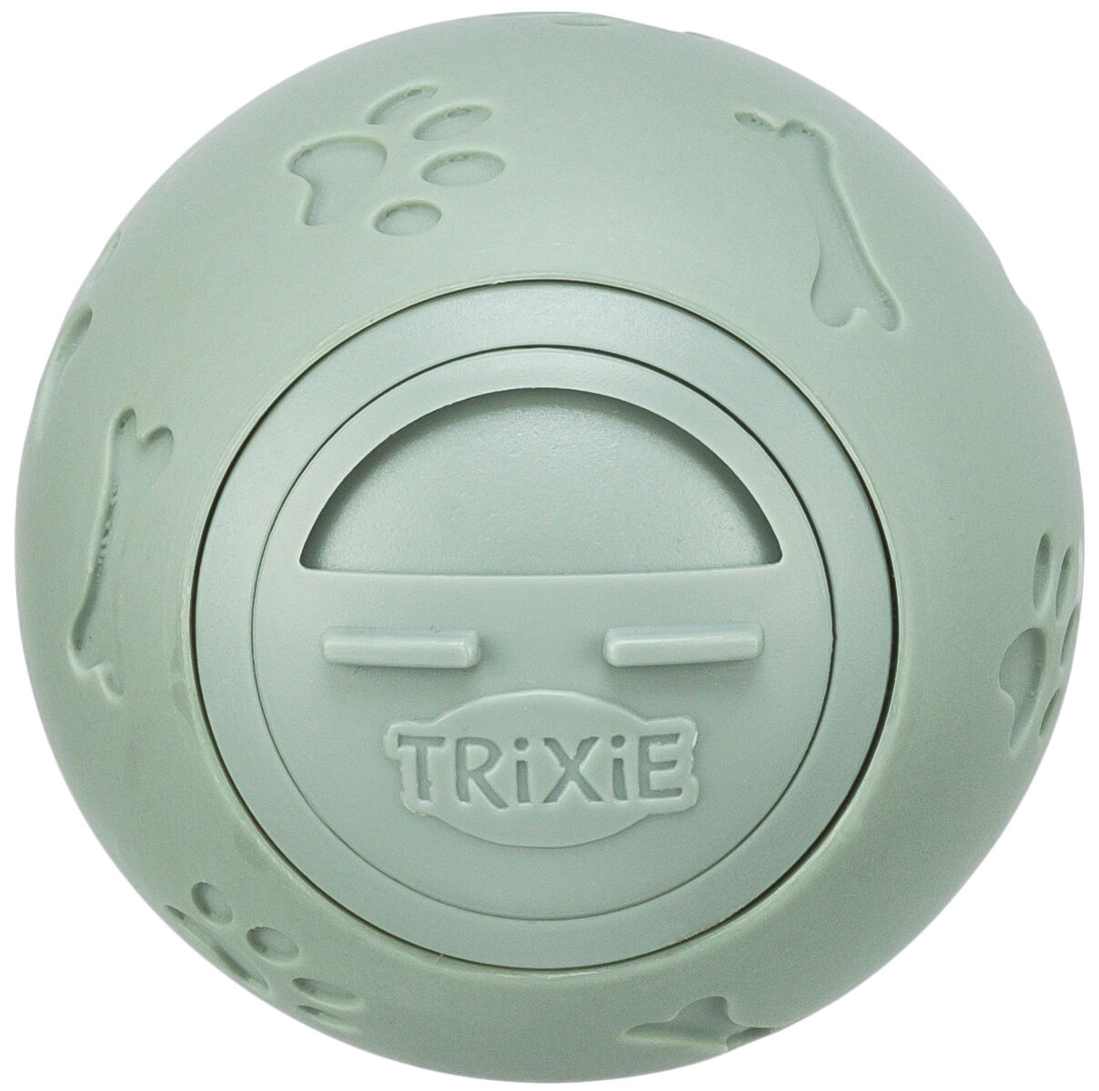 Grüner Ball mit Pfoten- und Knochenmustern, rundes Fach mit der Aufschrift "Trixie" auf der Vorderseite.