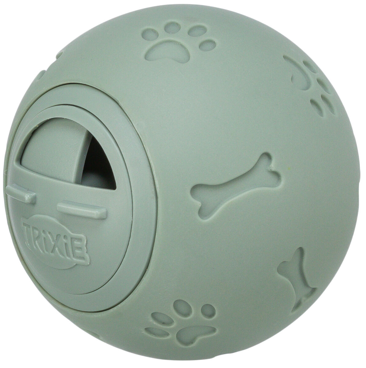 Grüner Ball mit Pfoten- und Knochenmustern, seitlicher Öffnung und Aufdruck "Trixie".