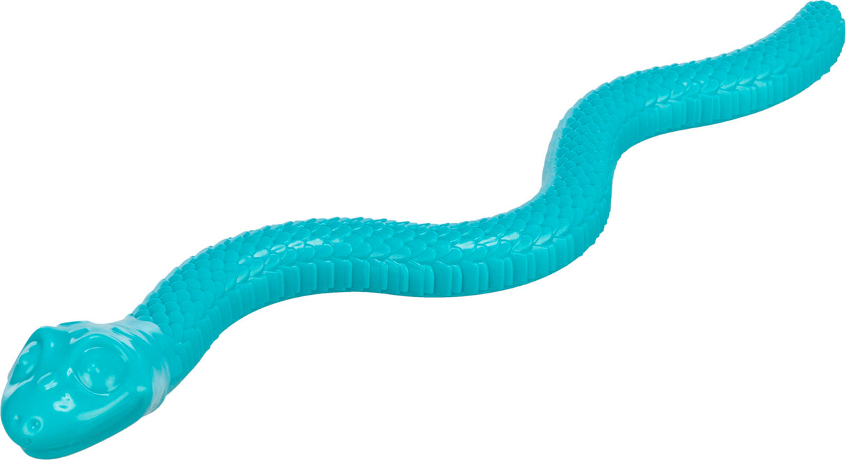 Türkisfarbene, schlangenförmige Plastikfigur mit geripptem Körper und stilisiertem Kopf, im Zickzackmuster.