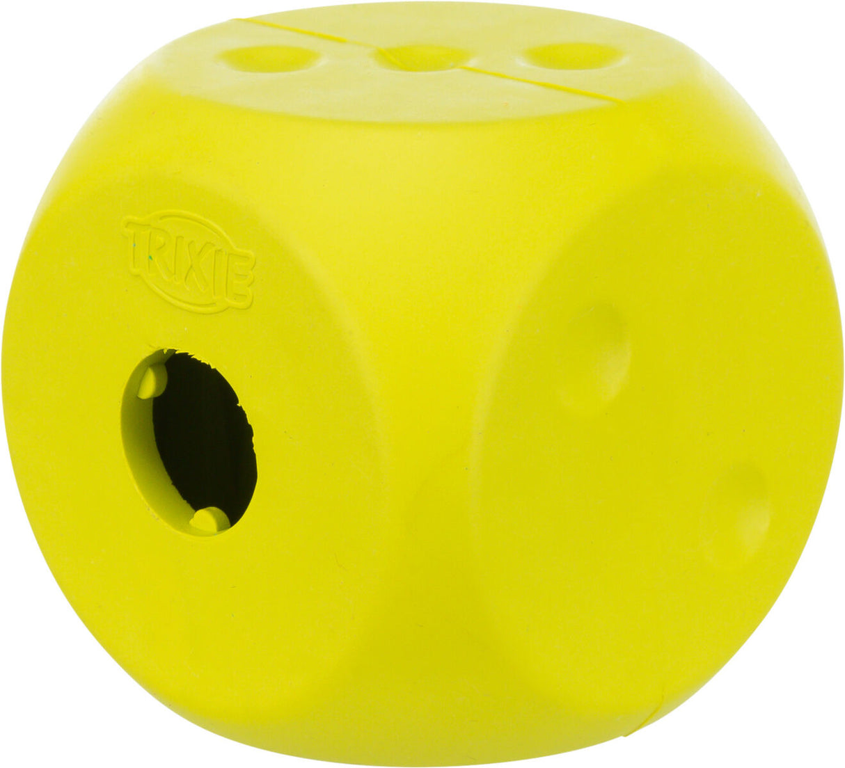 Gelber, würfelförmiger Spielzeugwürfel mit Loch und Trixie-Logo auf der Oberfläche.