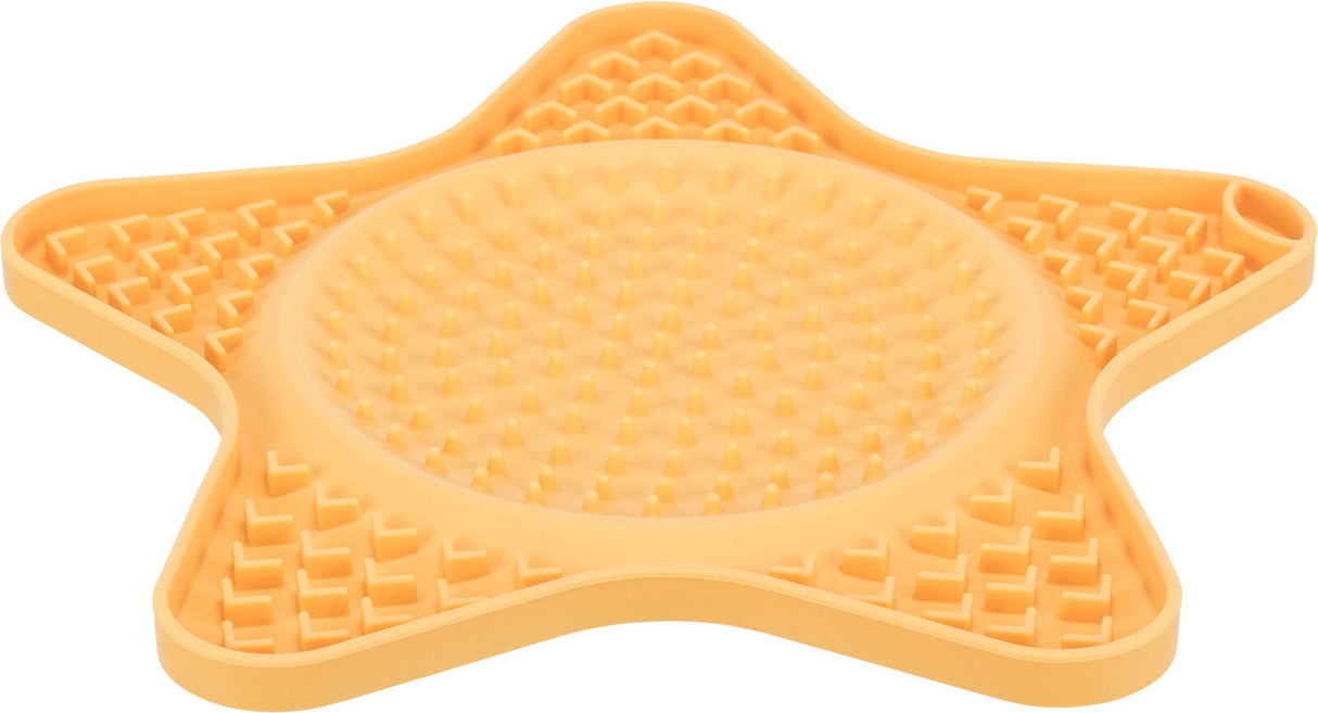 Sternförmige, orangefarbene Silikonmatte mit strukturierten Noppen und Erhebungen.