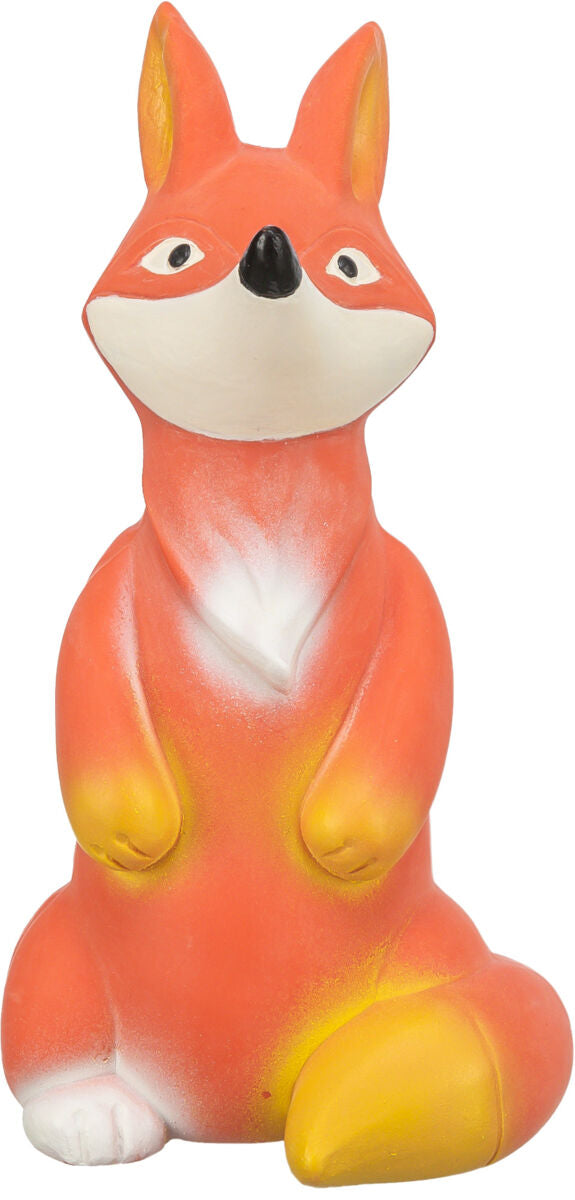Abbildung einer bunten Keramikfigur, die einem sitzenden Fuchs ähnelt, mit orangen und weißen Bereichen.