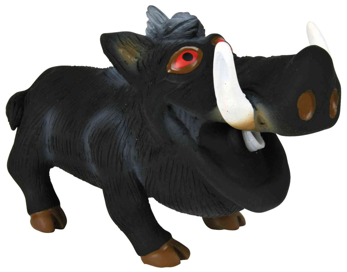 Schwarzes Wildschwein-Spielzeug mit weißen Stoßzähnen und roten Augen, auf vier braunen Hufen stehend.