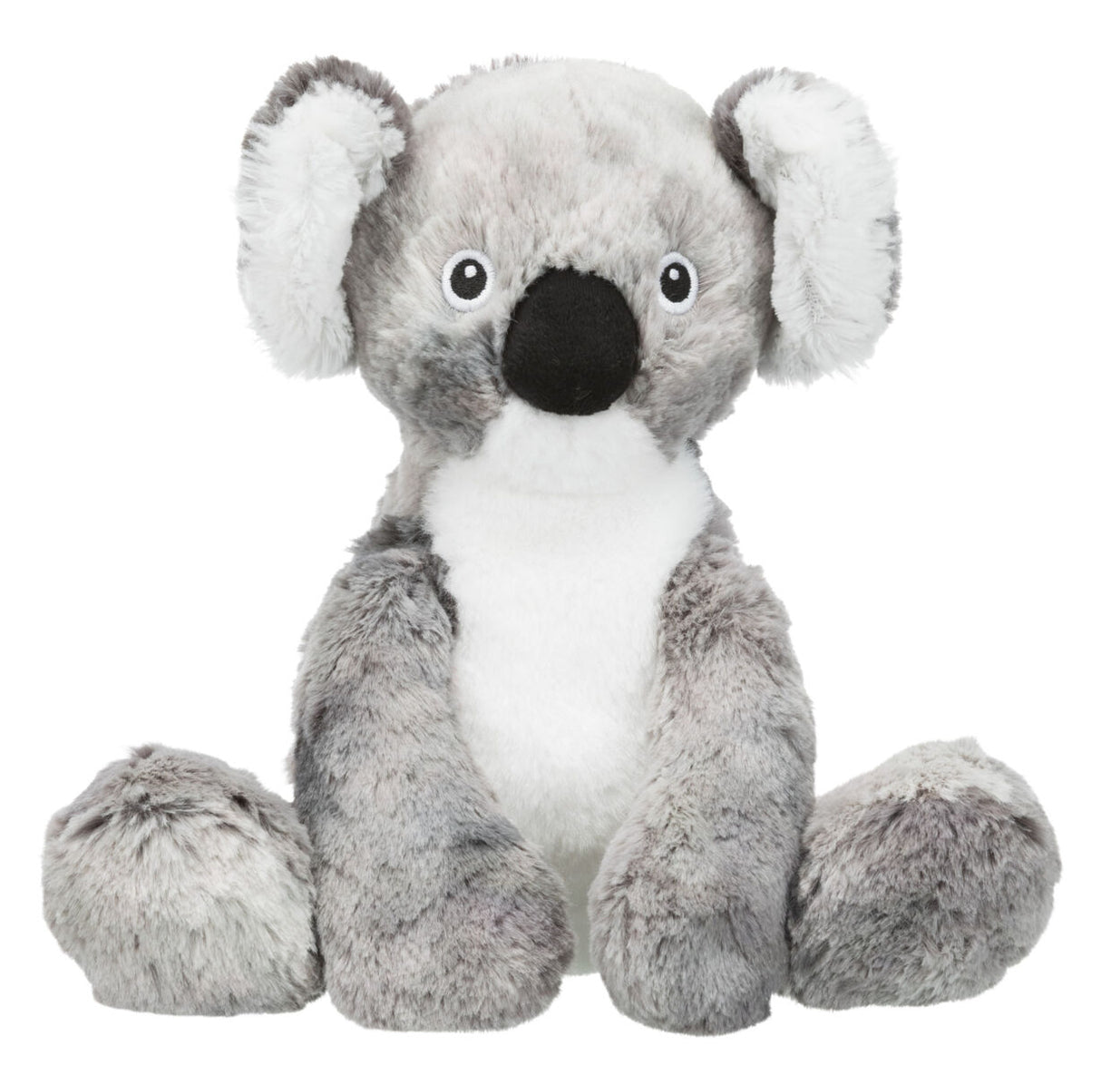 Graues und weißes Plüschtier in Form eines Koalas mit großen runden Ohren und einem schwarzen ovalen Nasenbereich.