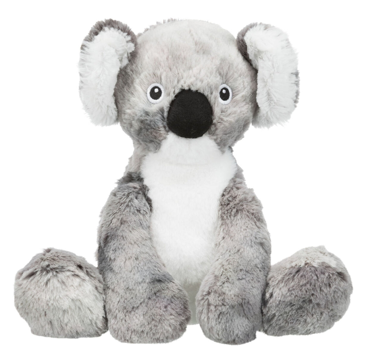 Graues und weißes Plüschtier in Form eines Koalas mit großen runden Ohren und einem schwarzen ovalen Nasenbereich.