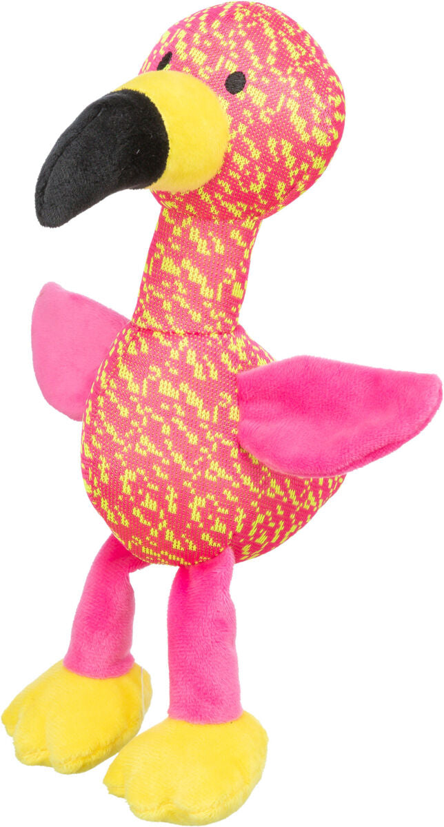 Ein pink-gelbes Stofftier in Vogelgestalt mit schwarzen Augen und Schnabel ist deutlich zu erkennen.