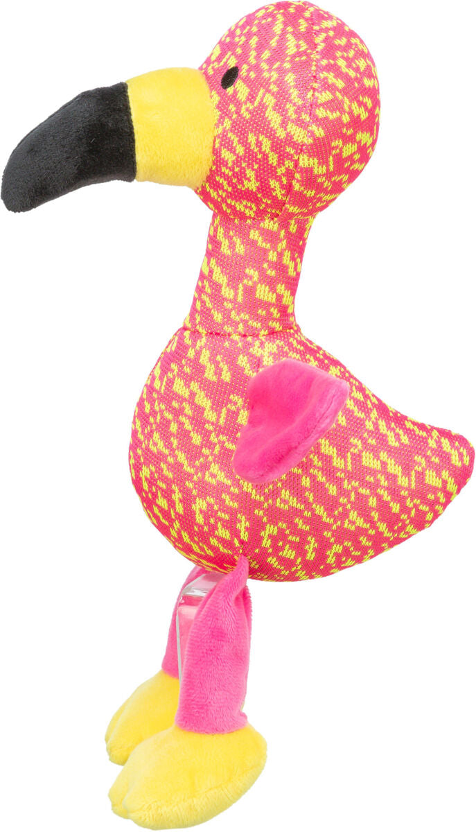 Ein Spielzeug in Form eines Flamingos mit pink-gelbem Muster, gelben Füßen und schwarzem Schnabel.