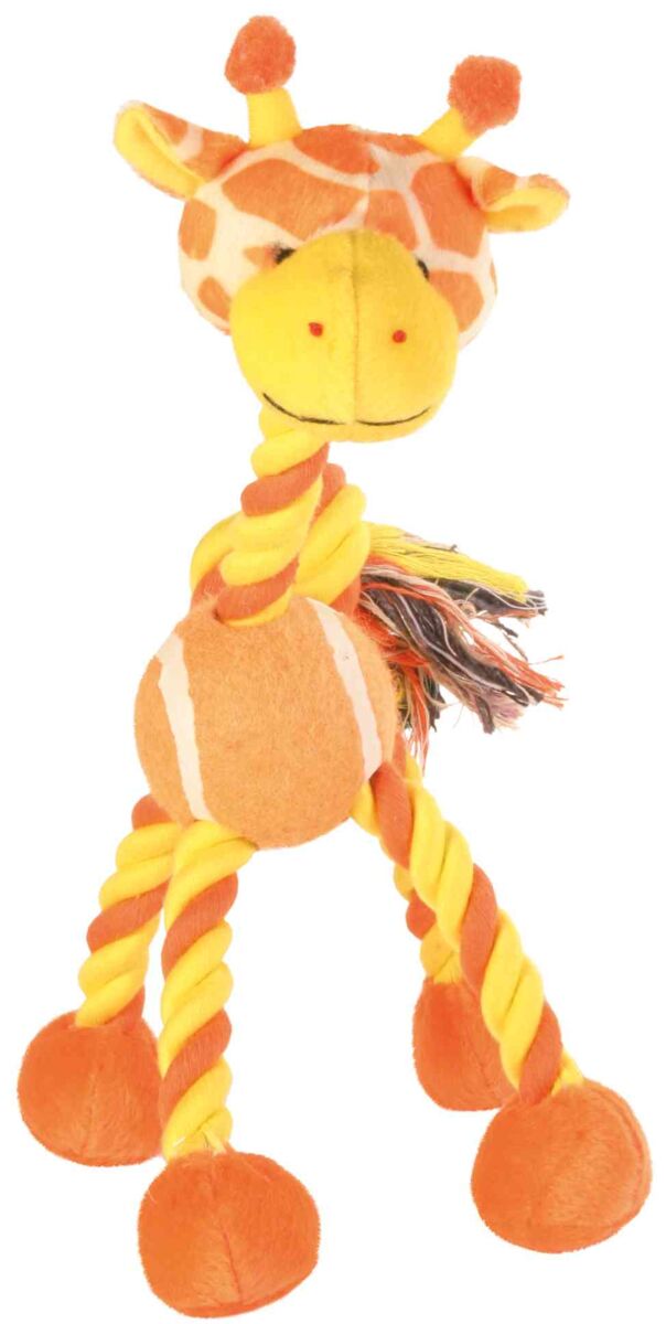 Plüschspielzeug in Form einer gelben und orangefarbenen Giraffe mit gedrehten Beinen und buntem Schwanz.