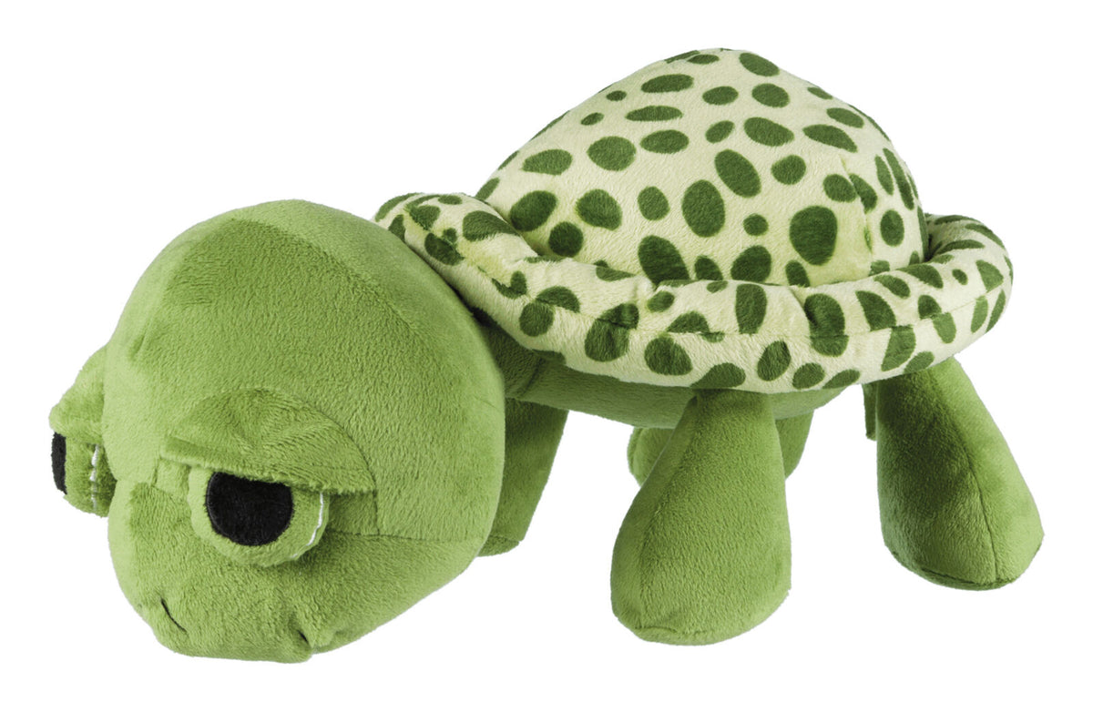 Grünes Plüschtier in Form einer Schildkröte mit gepunktetem Panzer und schwarzen Augen.