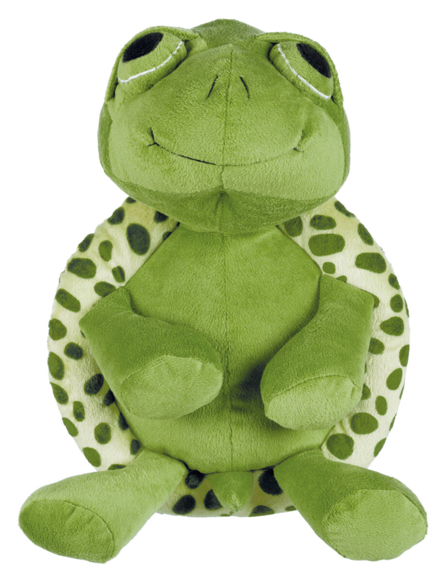 Grünes Plüschspielzeug in Froschform mit großen Augen und gemusterten Rücken in dunklen Flecken.