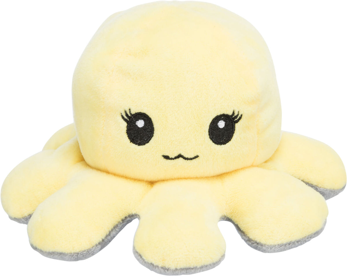 Gelbes Plüschspielzeug in Form eines lächelnden Oktopus mit schwarzen Augen und grauen Unterseiten der Tentakel.