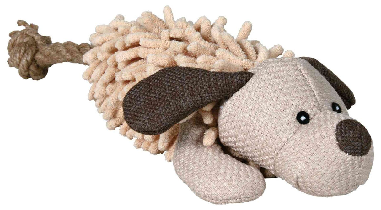 Plüschspielzeug in Form eines Hundes mit beigem, strukturiertem Körper, braunen Details und einem Seil am Ende.