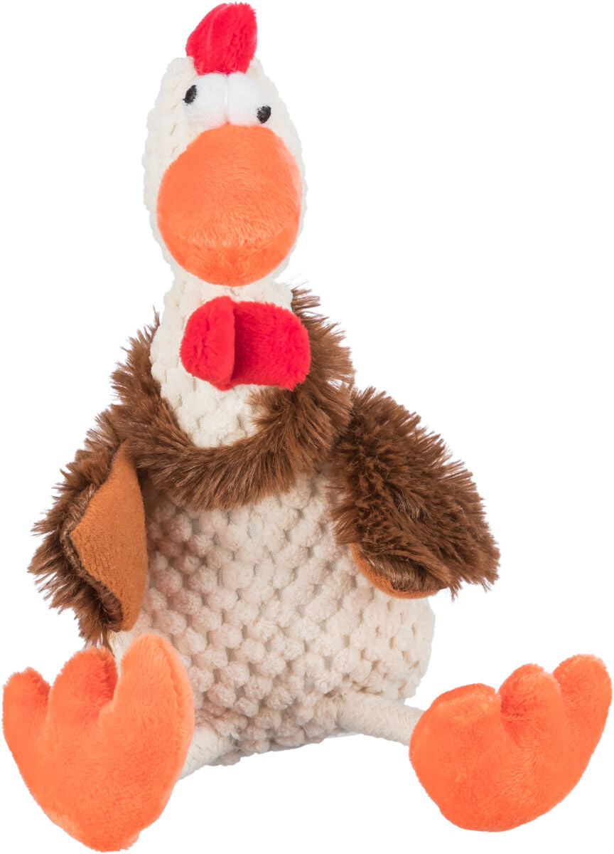 Plüschspielzeug in Hühnerform mit weißem Körper, braunen Flügeln und orangefarbenem Schnabel und Füßen.