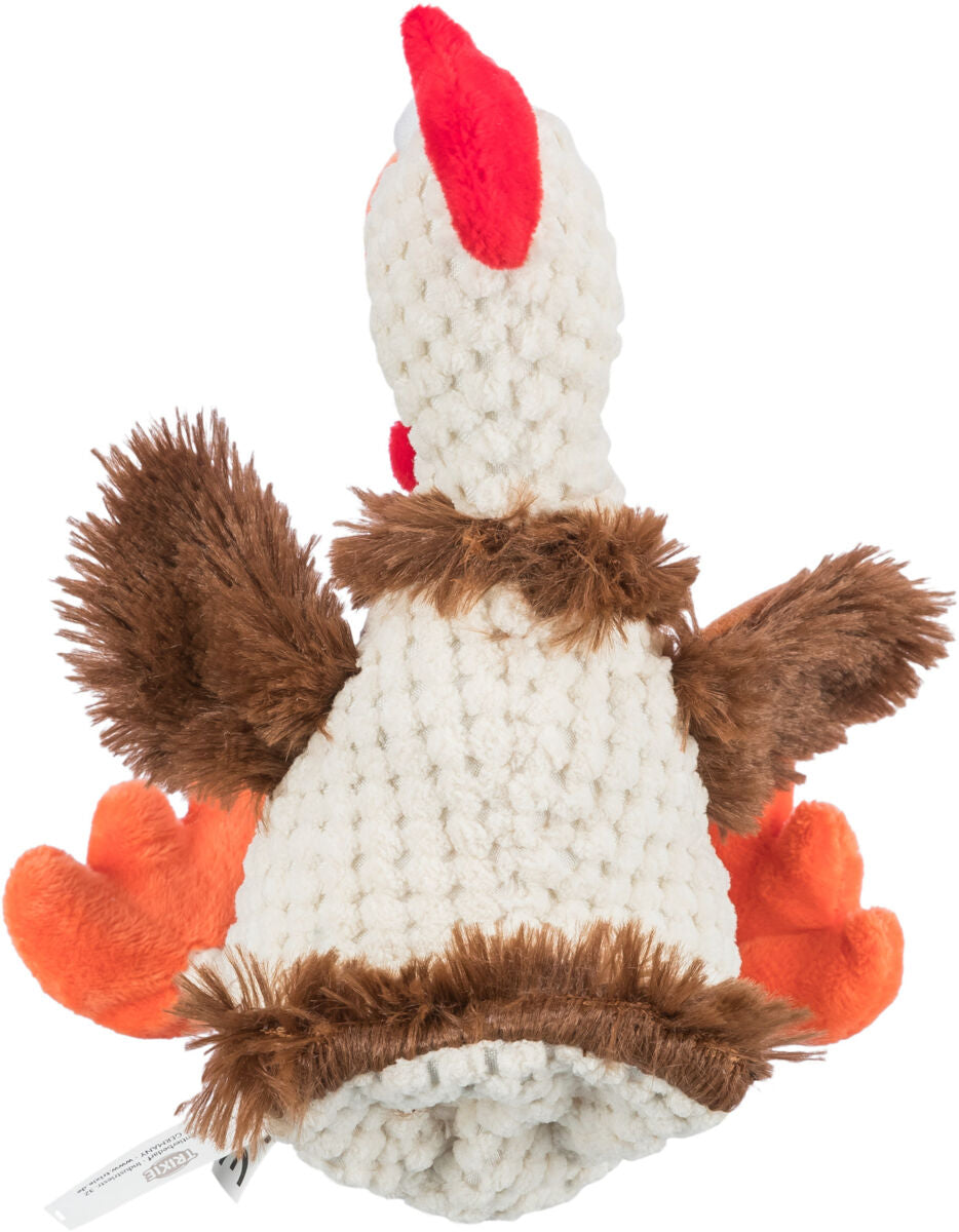 Stofftier in Form eines weißen Huhns mit rotem Kamm und orangen Beinen, braune Flügel und Details.