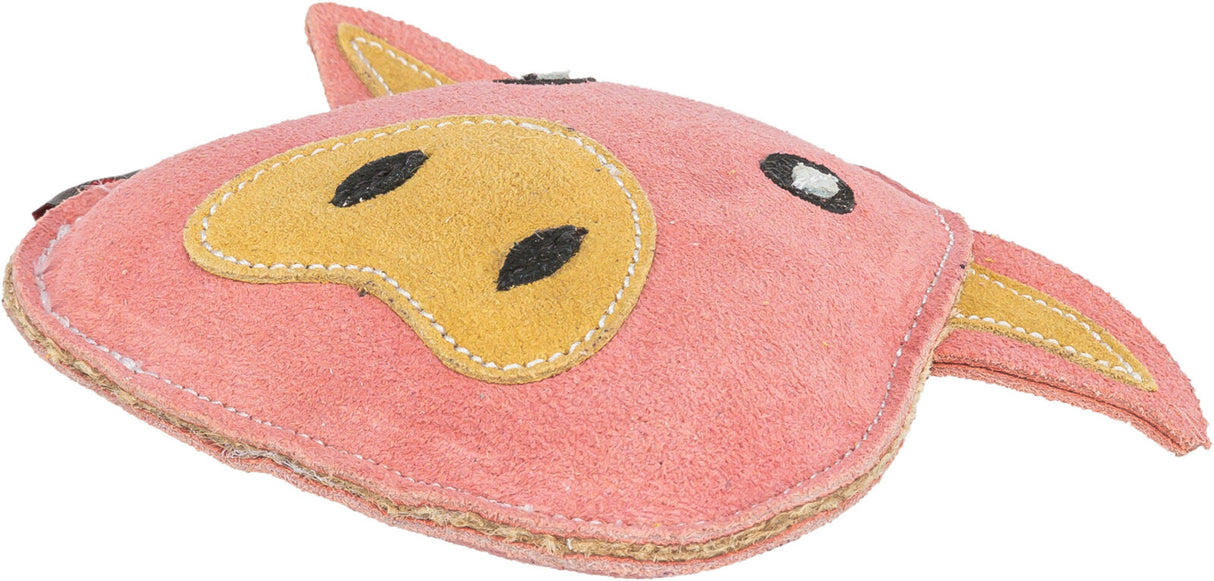 Rosa Plüschtier in Form eines Schweins, gelb abgesetzte Nase, schwarze Augen und weiße Ziernähte.