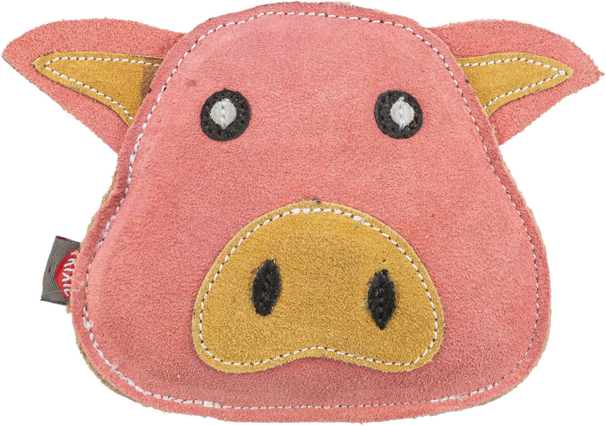 Rosa Spielzeug in Form eines Schweinekopfes mit dunklen Augen und Nasenlöchern, sowie beigefarbenen Ohren.