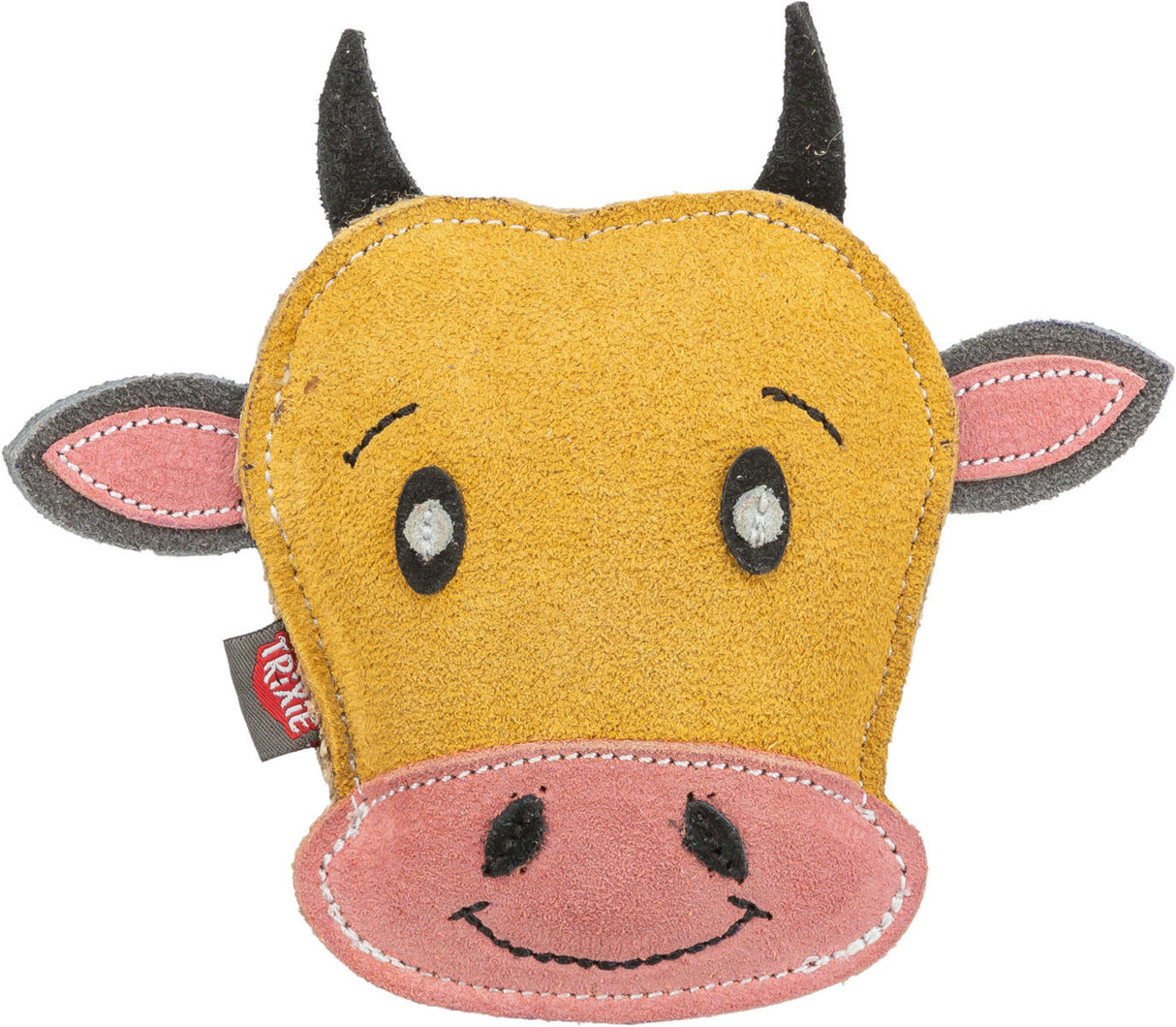 Weiches gelbes Spielzeug mit lachendem Kuhgesicht, rosa Ohren und Schnauze, schwarzen Hörnern und weißen Augen.