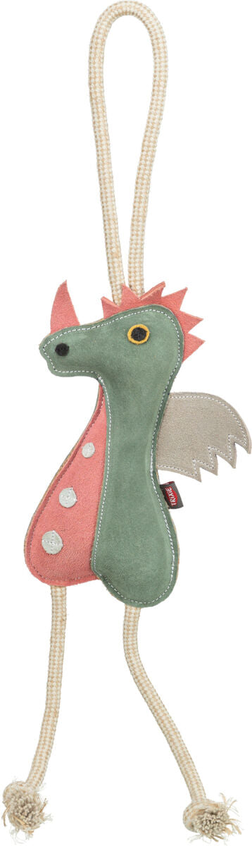 Spielzeug in Form eines Drachen mit grünem Kopf, rosa Körper, Flügeln und langen Seilen als Beine.