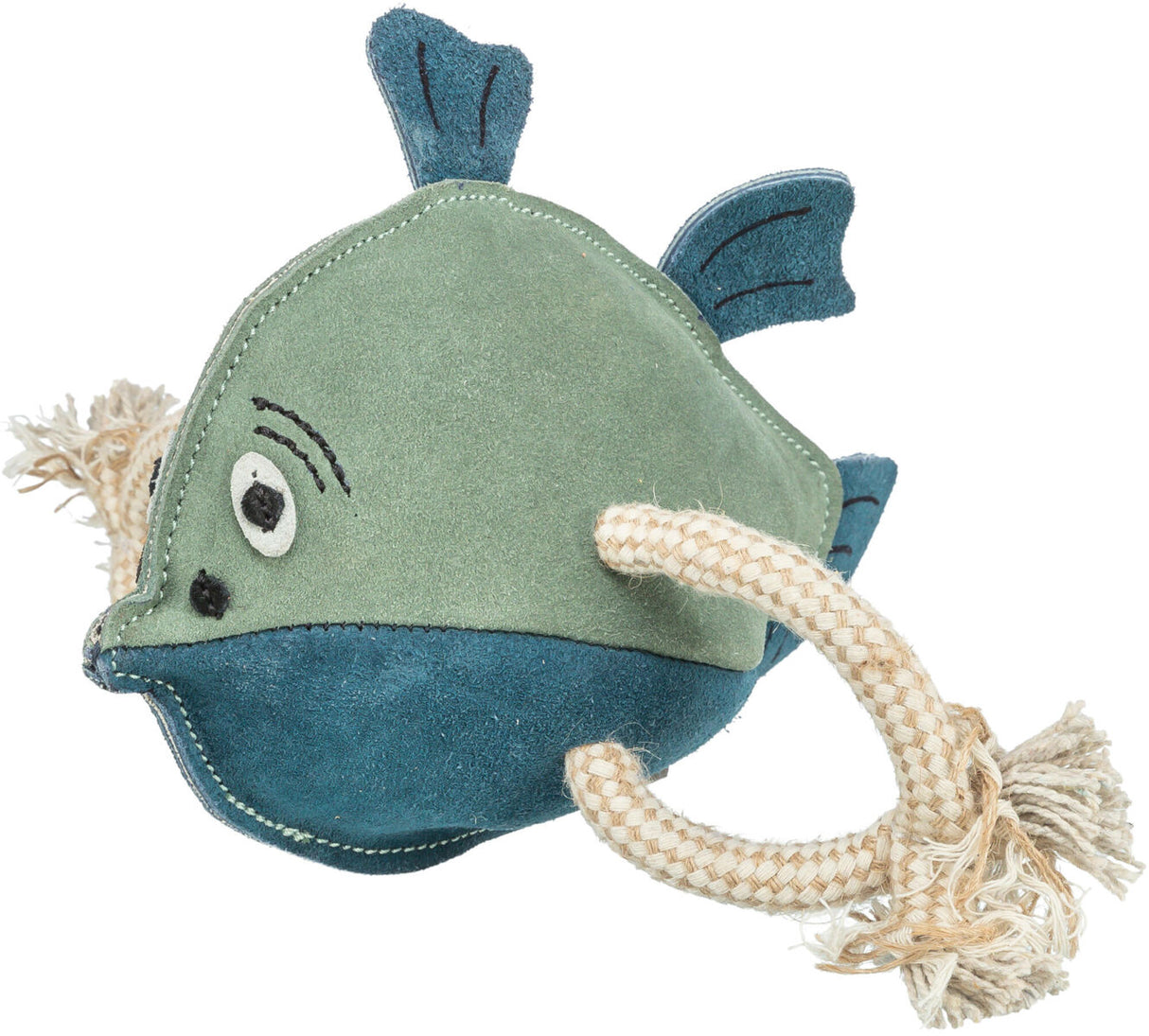 Grünes und blaues Stoffspielzeug in Fischform mit Stickmustern und geflochtenem Seil an der Seite.