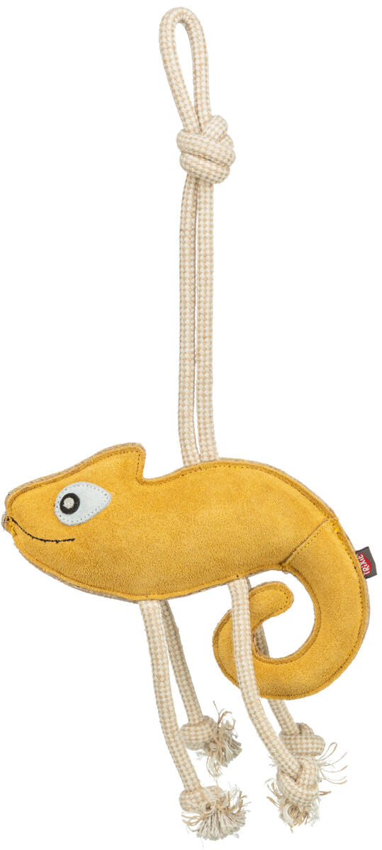 Gelbes Tierförmiges Hundespielzeug aus Stoff mit beige Seilen und Knoten.