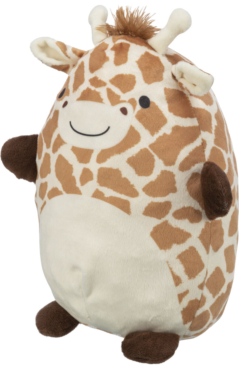 Weiches Plüschtier in Form einer stilisierten Giraffe mit braun-weißer Musterung, lächelndem Gesicht und kleinen Ohren.
