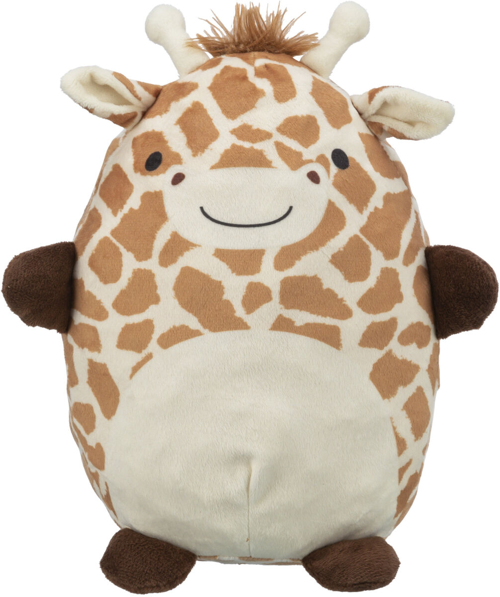 Weiches Stofftier in Form einer sitzenden Giraffe mit braunem und beigem Muster, lächelndes Gesicht und Hörner.