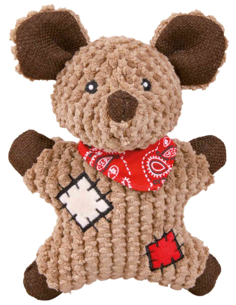 Stoffspielzeug in Bärenform mit braunen Ohren und rotem Halstuch, ergänzt durch weiße und rote Flicken.