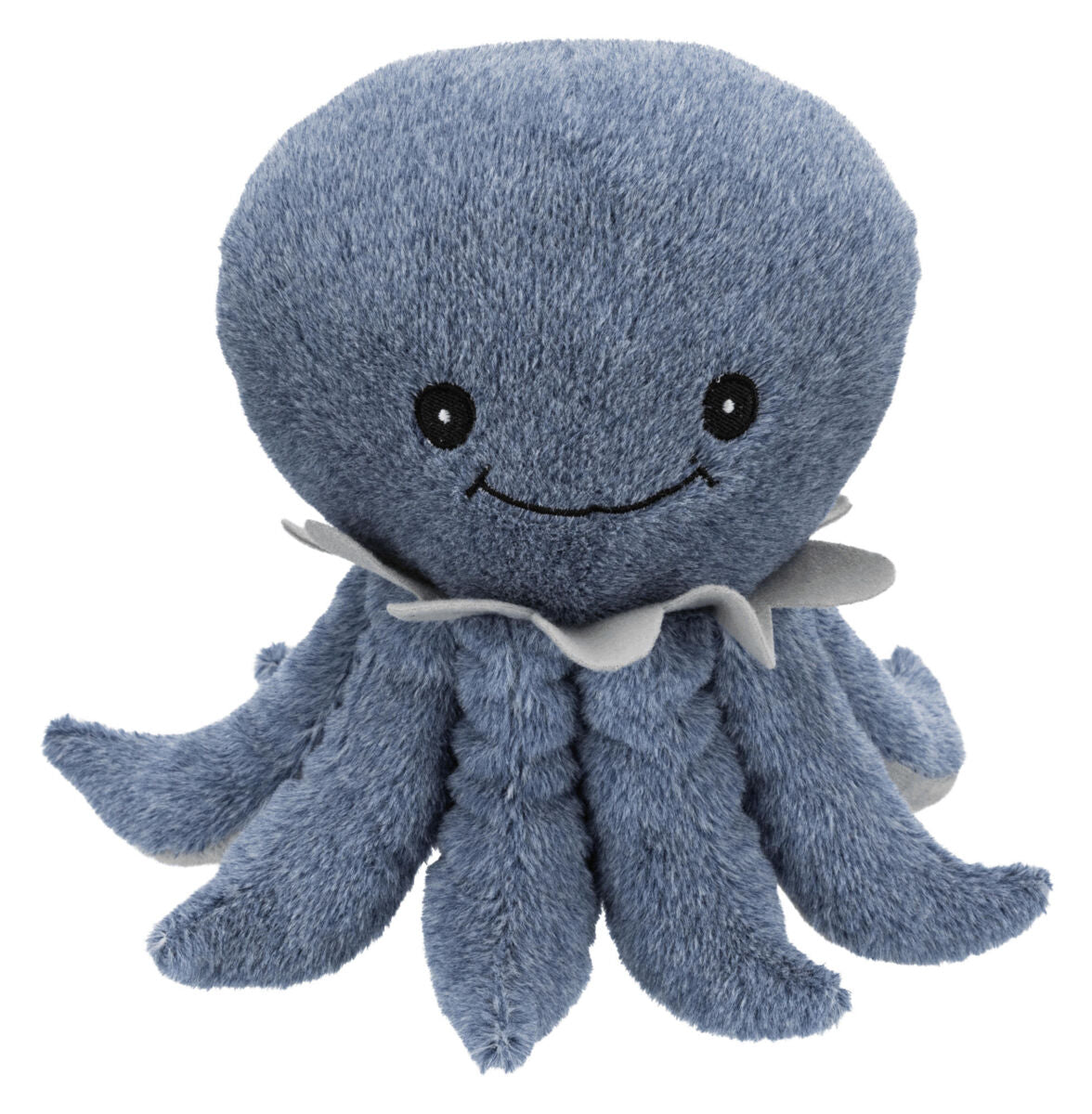 Blaues Plüschspielzeug in Form eines lachenden Oktopus mit weichen Tentakeln und schwarzem Augenpaar.