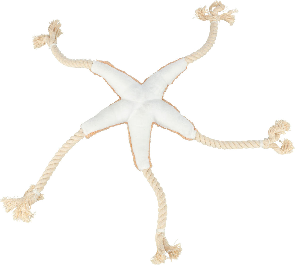 Plüschstern mit fünf Seilarmen und Fransen an den Enden in Weiß und Beige.