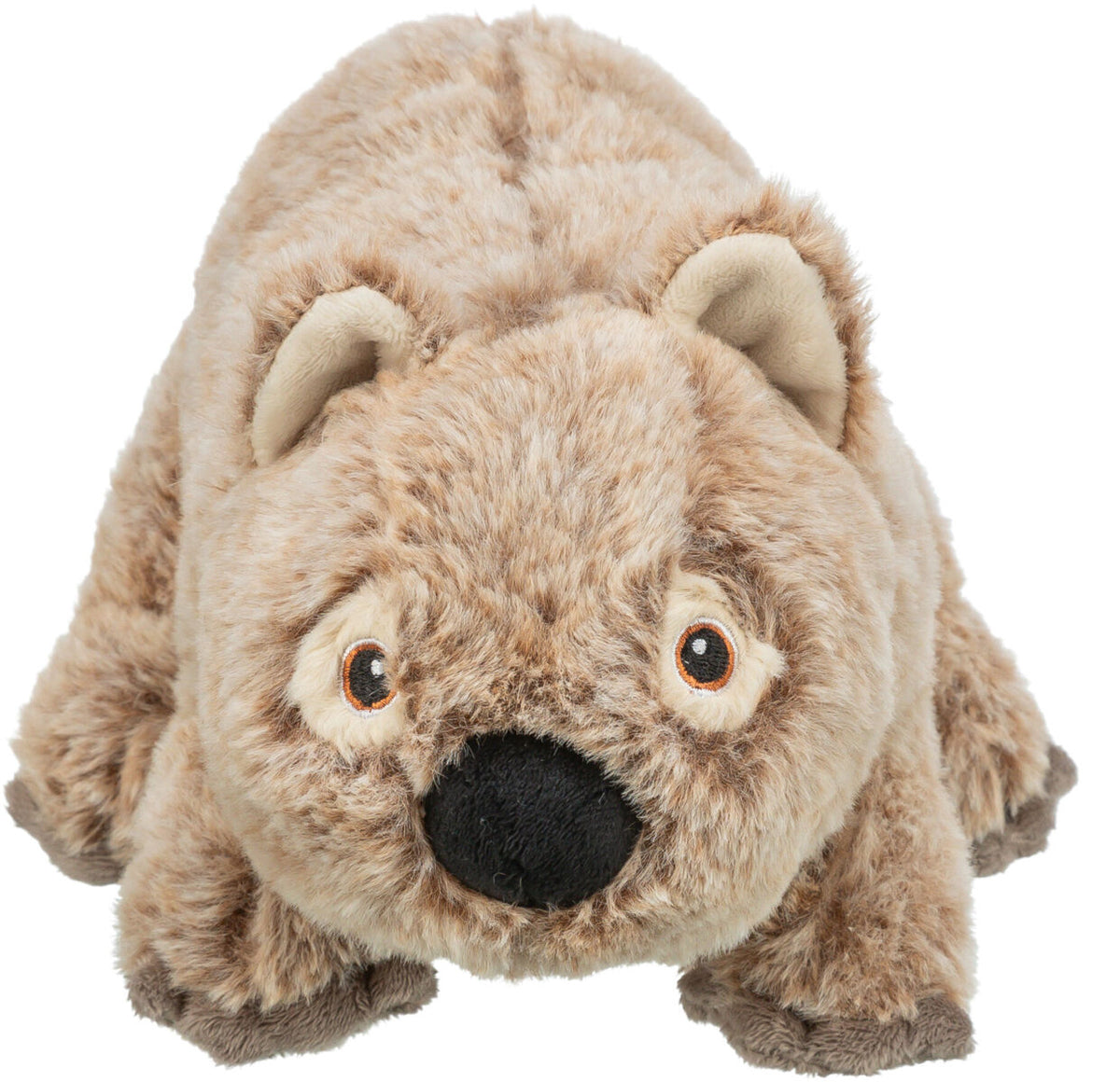 Plüschfigur in Form eines Wombats mit hellbraunem Fell, großen Augen und schwarzer Nase auf weißem Hintergrund.
