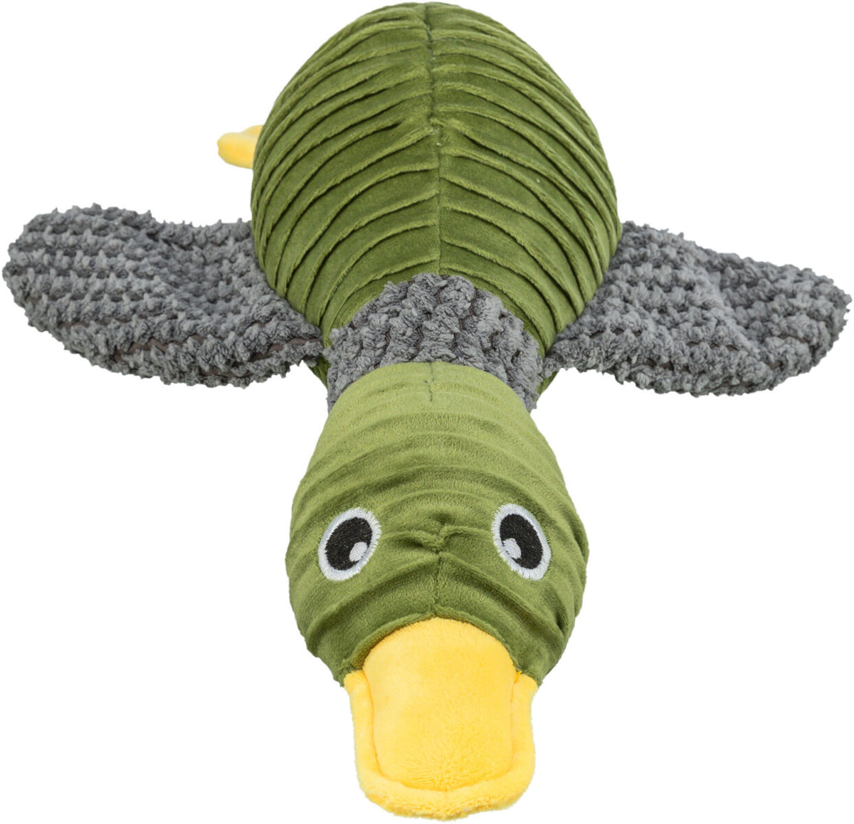 Grünes Plüschspielzeug in Form einer Ente mit grauen Flügeln und gelbem Schnabel, weiche und gerippte Textur.