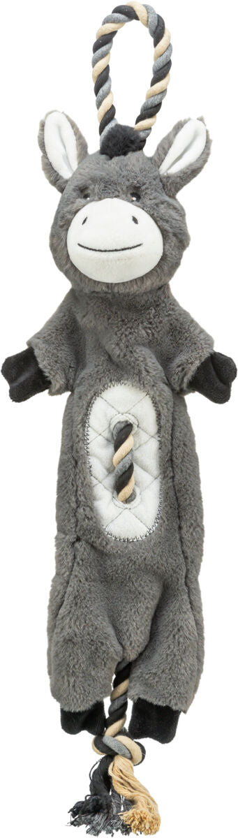 Graues Plüschspielzeug in Tierform mit schwarzen und cremefarbenen Seilakzenten und gesticktem Gesicht.