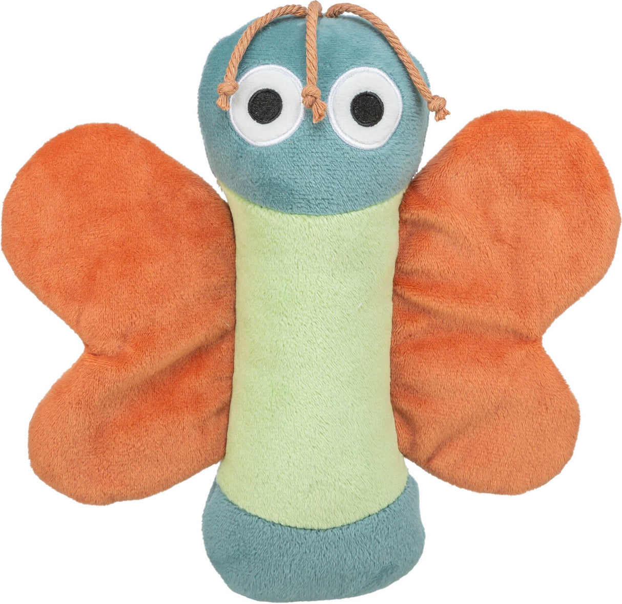 Stofftier in Form eines Schmetterlings mit großen Augen, blauem Kopf, grünem Körper und orangefarbenen Flügeln.