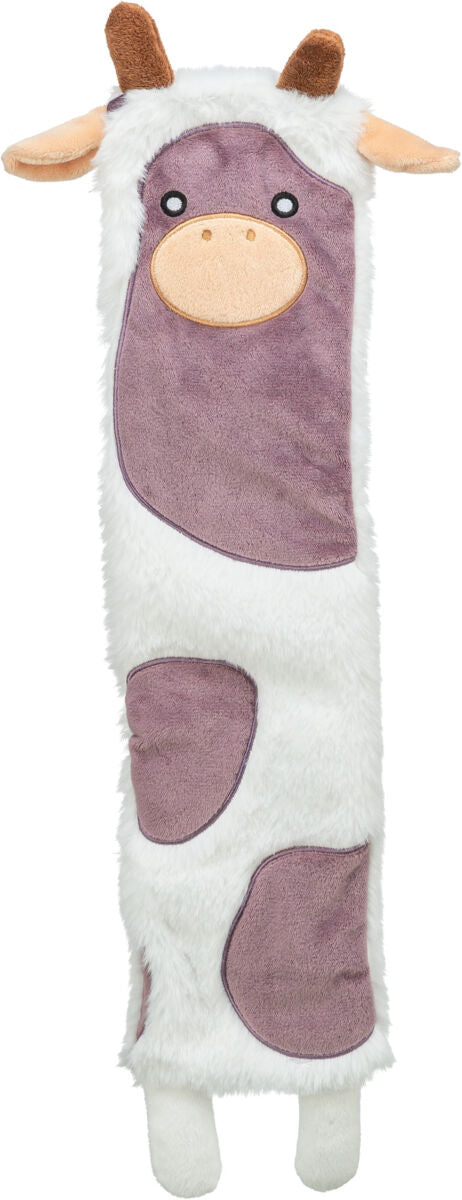 Langes, plüschiges Spielzeug in Kuhform mit braunen Flecken, weißen Beinen, zwei Hörnern und einem rosa Gesicht.