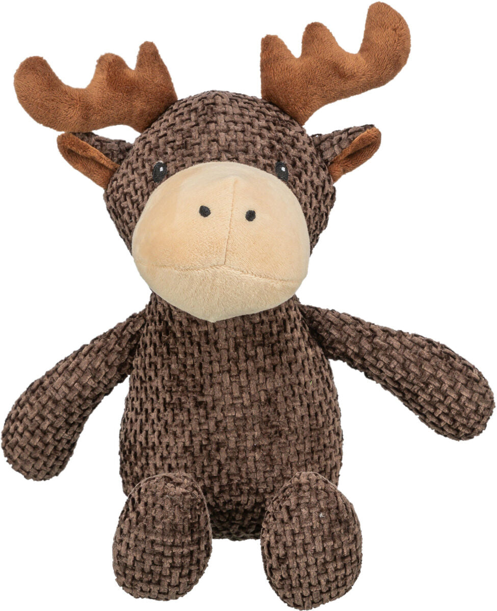 Plüsch-Elchfigur in Braun mit helleren Hörnern und Schnauze, schwarz gestickten Augen und sitzender Haltung.