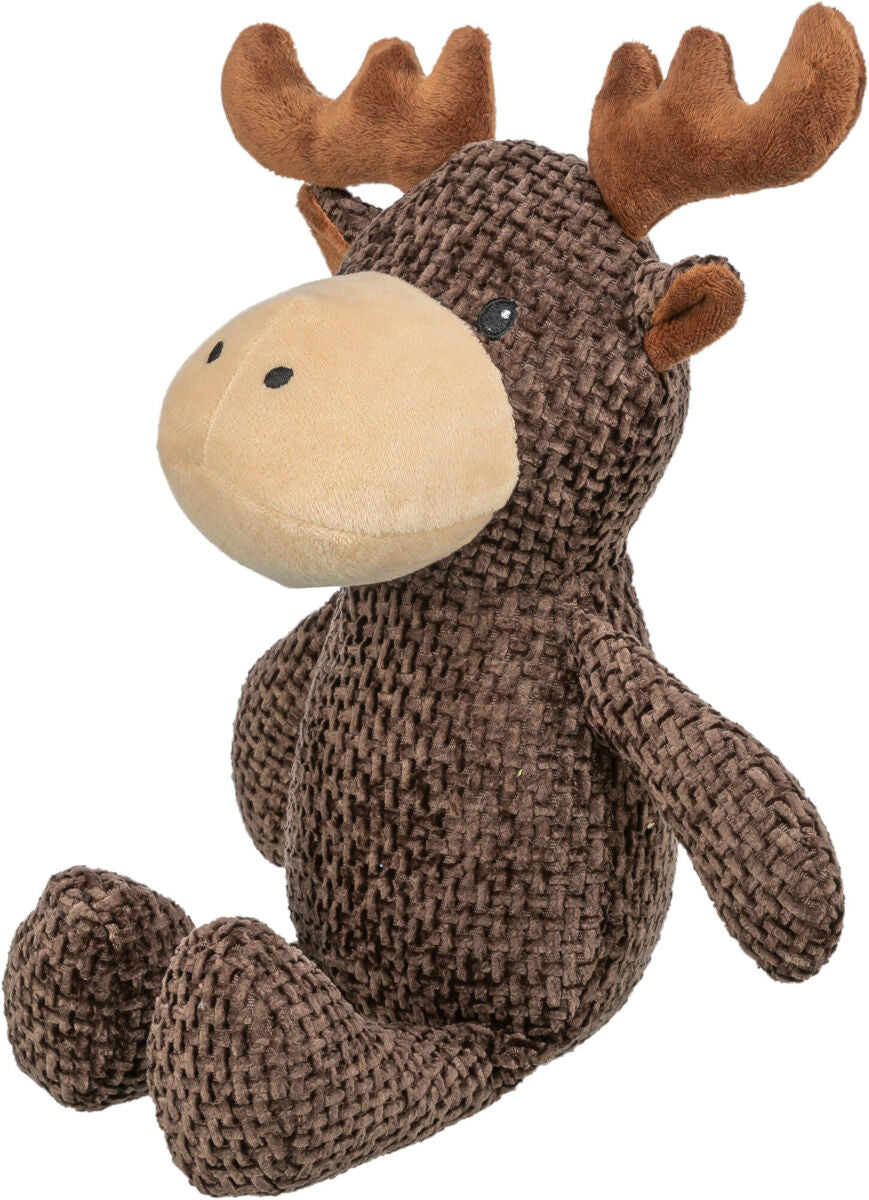 Plüschspielzeug in Form eines sitzenden Elches mit braunem, texturiertem Körper und beigefarbener Schnauze.